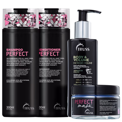A imagem mostra 4 produtos TRUSS lado a lado. Temos o shampoo, o condicionador e a máscara Perfect, com embalagem preta e letras em rosa e branco; e o Body & Volume com embalagem pump preta e letras douradas e brancas.