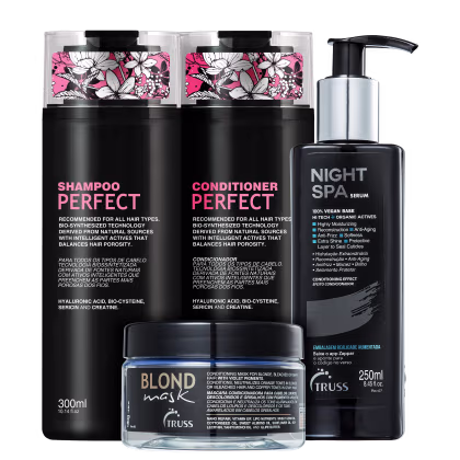 A imagem traz, lado a lado, shampoo e condicionador Perfect, com embalagem preta e letras em rosa e branco; e o Night Spa, de embalagem pump e letras brancas com detalhes azuis. À frente está a Blond Mask com tampa preta e rótulo preto de letras brancas.