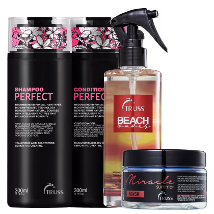 A imagem mostra o shampoo e condicionador Perfect, com embalagem preta e letras em rosa e branco; o Beach Waves de embalagem spray com rótulo laranja; e a máscara Miracle Summer com rótulo preto e detalhes laranja com letras brancas.
