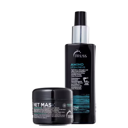 A imagem traz a Net Mask de 30g e o Amino de 225g, um ao lado do outro. Ambos possuem embalagem e rótulo pretos, com letras brancas e detalhes azuis.