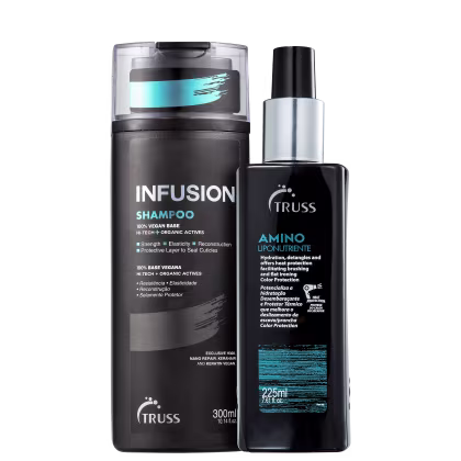 A imagem mostra o shampoo Infusion ao lado do protetor térmico Amino. Ambos possuem embalagem preta com letras brancas no rótulo e detalhes azuis.