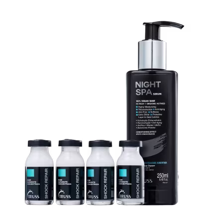 A imagem mostra quatro ampolas capilares da marca Truss. Elas possuem um frasco transparente, com líquido branco e um rótulo preto com detalhes metalizados e azul. Ao lado há um frasco preto com válvula pump que traz um sérum capilar.