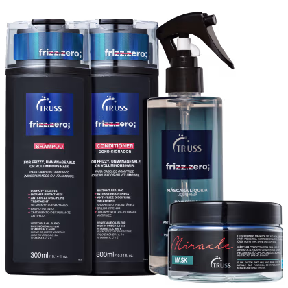 A imagem mostra uma linha de produtos da marca Truss. Há dois frascos de shampoo e condicionador  na cor preta com detalhes em azul. Há também um pote transparente com rótulo preto com a máscara capilar e um frasco spray transparente com máscara líquida.