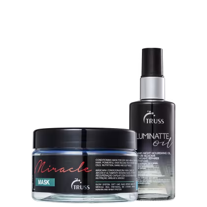 A imagem mostra a máscara capilar "Miracle" que vem em um pote preto com detalhes em azul e a linha em destaque no tom vermelho. O segundo produto é um óleo capilar que vem em um frasco spray preto degradê.