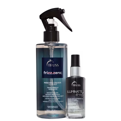 A imagem mostra uma máscara capilar líquida em um frasco transparente, permitindo ver o líquido dentro, e tem um borrifador preto. O segundo produto é um óleo nutritivo com frasco menor e design preto degradê.