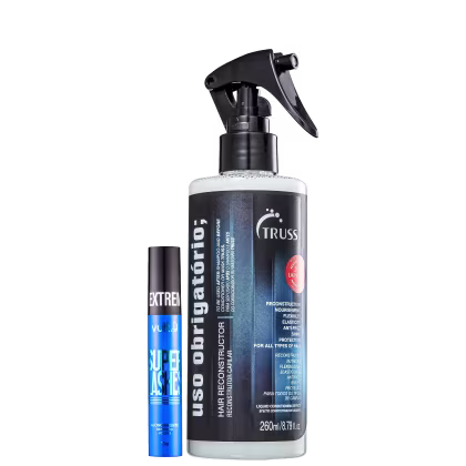 Dois produtos lado a lado, um de reconstrução capilar, em embalagem plástica transparente e adesivo em azul, borrifador preto. No outro, uma máscara de cílios em embalagem cilíndrica azul, com tampa preta. Escritos nas cores azul metálico e branco.