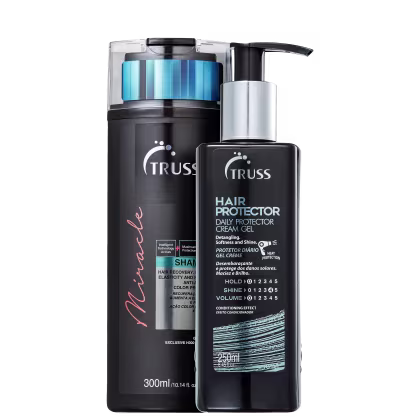 Produtos para cabelo da marca TRUSS. Um frasco de shampoo preto de 300ml com detalhes em azul da marca "Miracle". Ao lado, um tubo preto de 250ml com rótulo identificado como "Hair Protector", um protetor capilar diário.