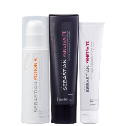 Produtos capilares da marca Sebastian Professional. O primeiro é um frasco branco com detalhes laranja, o Potion 9. O segundo é um shampoo em uma embalagem preta, o Sebastian Penetraitt. O terceiro é uma máscara em um tubo branco, a Sebastian Penetraitt.