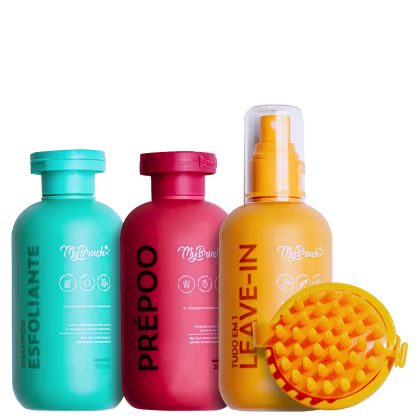 A imagem traz shampoo esfoliante em embalagem verde de 200ml, pré-poo em embalagem vermelha de 200ml, leave-in em embalagem spray amarela de 200ml e escova para couro cabeludo amarela.