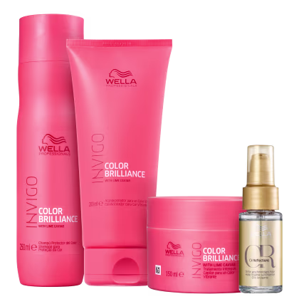 Produtos de cuidado capilar da linha Color Brilliance da Wella Professionals. Inclui um shampoo, um condicionador, uma máscara e um óleo capilar Oil Reflections, em frasco dourado de 30ml.