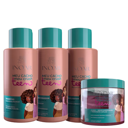 Produtos de cabelo da linha Meu Cacho Meu Crush da marca Inoar. Três frascos cilíndricos contendo shampoo, condicionador e creme para pentear. Um pote redondo contendo geleia modeladora e hidratante capilar. Cores predominantes são verde e rosa.