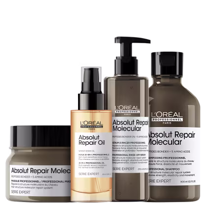 A imagem mostra produtos da marca L'Oréal Professionnel. Há 4 itens: um frasco de shampoo marrom, um frasco de leave-in marrom, um frasco marrom de máscara capilar com tampa preta, um frasco de óleo capilar com tom dourado.