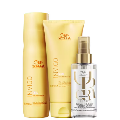 A imagem mostra três produtos da marca Wella Professionals. Shampoo e Condicionador Invigo Sun em embalagens amarelas e detalhes em laranja; e o óleo Oil Reflections Light, em um frasco transparente com detalhes em dourado.