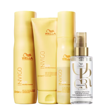 A imagem mostra quatro produtos da marca Wella Professionals. Shampoo, Condicionador e Leave-in Invigo Sun em embalagens amarelas e detalhes em laranja; e o óleo Oil Reflections Light, em um frasco transparente com detalhes em dourado.