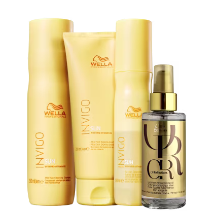 A imagem mostra quatro produtos da marca Wella Professionals. Shampoo, Condicionador e Leave-in Invigo Sun em embalagens amarelas e detalhes em laranja; e o óleo Oil Reflections, em um frasco transparente com detalhes em dourado.