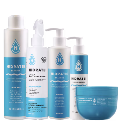 A imagem mostra uma linha de produtos de cuidados capilares chamada Hidratei. Há frascos e embalagens de plástico branco e azul claro. Os produtos incluem shampoo, condicionador, spray multifuncional e uma máscara capilar.