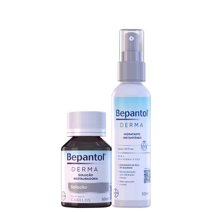 Dois produtos Bepantol Derma para cuidados com a pele. Um frasco de 50ml contendo uma solução restauradora para cabelos. Outro frasco spray de 50ml rotulado como "Hidratante Instantâneo" e descrito como "Spray Oil Free" para pele normal a seca.