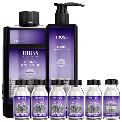 Kit com shampoo, máscara e ampolas capilares Blond Revolution da marca TRUSS.
