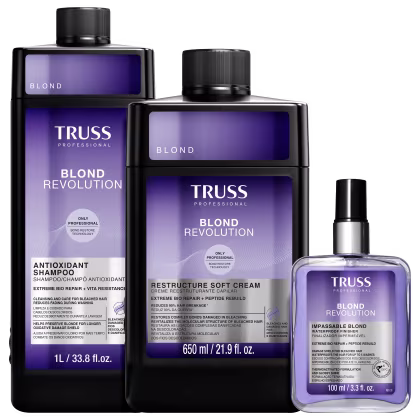 Kit com shampoo, máscara e finalizador Blond Revolution da marca TRUSS.