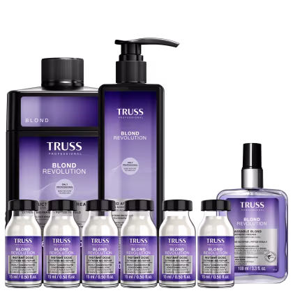 Kit com acidificante, máscara, finalizador e ampolas Blond Revolution da marca TRUSS.