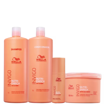 A imagem mostra uma linha de produtos para cabelos da marca Wella Professionals. Há quatro itens: dois frascos grandes de 1 litro de shampoo e condicionador, um frasco menor do mesmo condicionador e uma embalagem de tratamento intensivo capilar.
