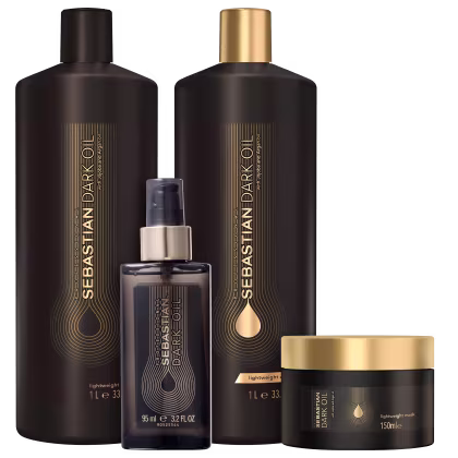 A imagem mostra uma linha de produtos de cuidados capilares da marca Sebastian Professional. Há dois frascos grandes de shampoo e condicionador. Um frasco menor e um pote preto com detalhes dourados na tampa.