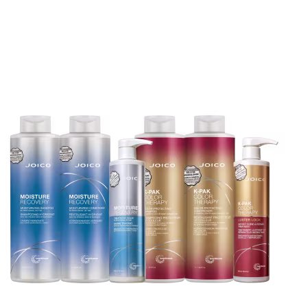 A imagem mostra uma variedade de produtos de cuidados capilares da marca Joico: linha Moisture Recovery e linha K-Pak Color Therapy.
