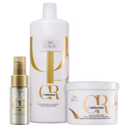 A imagem mostra três produtos da linha Oil Reflections da marca Wella Professionals: shampoo, máscara e óleo capilar.
