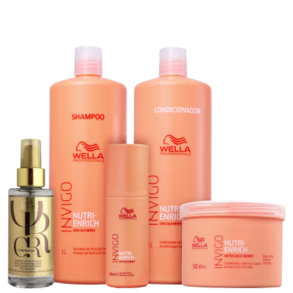 A coleção de produtos de beleza da marca Wella Professionals, incluindo shampoo, condicionador, leave-in e máscara de tratamento, todos com embalagens de plástico laranja e branco. Há também um óleo capilar Oil Reflections.