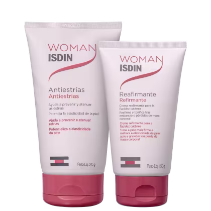 São dois tubos de cremes corporais da marca Woman Isdin. Um tubo maior de 245g é um creme antiestrias. O outro tubo menor de 150g é um creme reafirmante para a flacidez cutânea, reafirmando e tonificando a pele após gravidez ou perda de massa corporal.