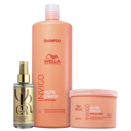 A imagem mostra três produtos de cuidados capilares da linha Wella Professionals Nutri-Enrich. O primeiro é um shampoo de 1 litro. O segundo é um tratamento intensivo de 500ml. O terceiro é um óleo capilar de 100ml.