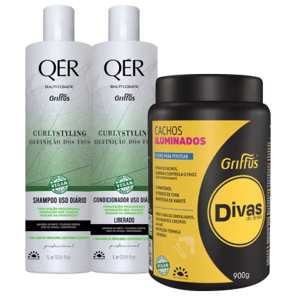 O produto de beleza apresentado na imagem consiste em dois frascos de shampoo e condicionador da marca Griffus, com rótulos em branco e preto, e uma embalagem de creme para pentear da mesma marca, em embalagem amarela e preta.