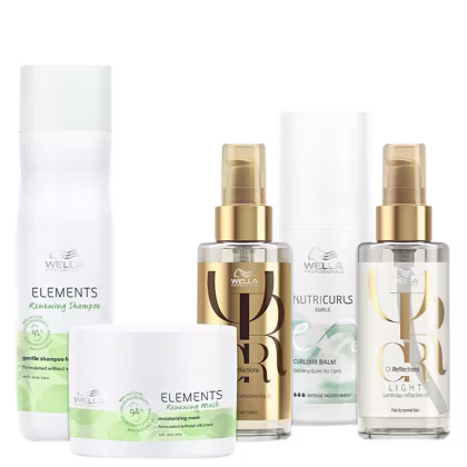 Kit com shampoo e máscara Elements Renewing, leave-in Nutricurls e óleos capilares Oil Reflections, todos da marca Wella Professionals.