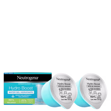 A imagem mostra o rótulo do produto, ao lado de dois refis, com embalagem azul.