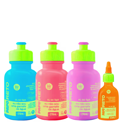 A imagem mostra um kit completo com shampoo, condicionador e máscara, em embalagem cilíndrica, verde com azul, vermelho com verde e rosa com verde, além de frasco de óleo capilar laranja com detalhes verdes.