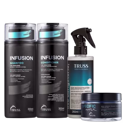 A imagem mostra quatro produtos de cuidados capilares da marca TRUSS. Há itens da linha Infusion, Uso Obrigatório e Specific Mask.