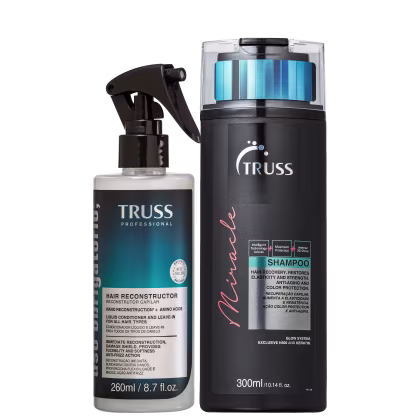 Produtos de tratamento capilar TRUSS. Um frasco plástico preto com bomba dosadora  identificado como "Hair Reconstructor". Ao lado, um frasco cilíndrico preto contendo um shampoo, rotulado "Miracle".