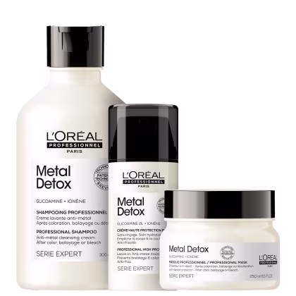 Kit com shampoo, máscara capilar e leave-in capilar Metal Detox, da marca L'Oréal Professionel