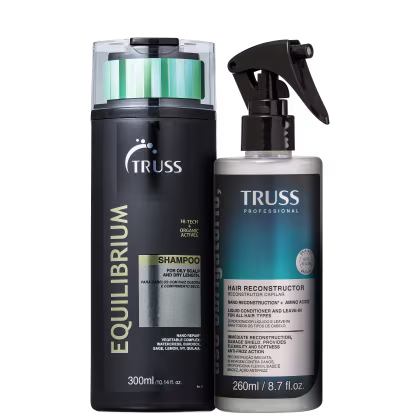 O produto é um shampoo para couro cabeludo oleoso e cabelos secos da marca TRUSS. 
Há também um condicionador capilar reconstrutor da mesma marca TRUSS Professional. É um frasco spray transparente de 260ml