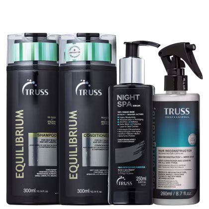 A imagem mostra uma linha de produtos de cuidados capilares da marca TRUSS. Há itens das linhas Equilibrium, Night SPA e Uso Obrigatório.