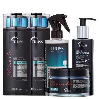A imagem mostra uma variedade de produtos de cuidados capilares da marca TRUSS.