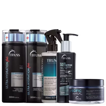 A imagem mostra uma linha de produtos para cabelos danificados e secos da marca TRUSS. Shampoo e Condicionador Ultra Hydration Plus, Uso Obrigatório, Hair Protector e Specific Mask.