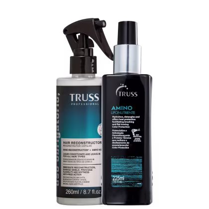 Dois produtos para cabelo da marca TRUSS. Um é um reconstrutor capilar líquido em um frasco plástico transparente. O outro é um produto lipo-nutriente em um frasco preto com detalhes em prata, com capacidade de 225ml.