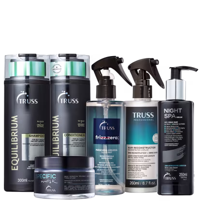 A imagem mostra uma variedade de produtos de cuidados capilares da marca TRUSS. Há itens da linha Equilibrium, Specific Mask, Frizz Zero, Night SPA e Uso Obrigatório.