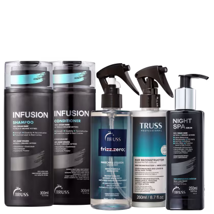 A imagem mostra uma variedade de produtos de cuidados capilares da marca TRUSS. Há itens da linha Infusion, Frizz Zero, Uso Obrigatório e Night SPA.