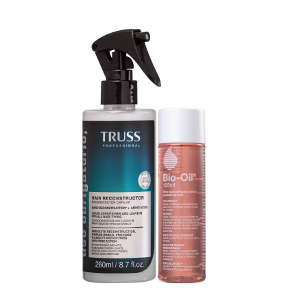 A imagem mostra dois produtos de cuidados capilares da marca Truss Professional. Um é um frasco plástico contendo um líquido de reconstrução capilar de 260ml. O outro é um frasco plástico menor com um óleo de tratamento para pele Bio-Oil.