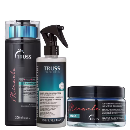 A imagem mostra três produtos de cuidados capilares da marca TRUSS. Um shampoo Miracle, uma máscara capilar Miracle e um Uso Obrigatório.
