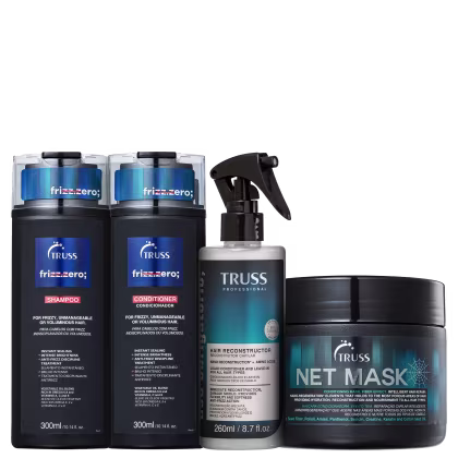A imagem mostra uma linha de produtos para cabelos frizzy e volumosos da marca Truss. Shampoo e condicionador Frizz Zero, Uso Obrigatório e NET Mask.