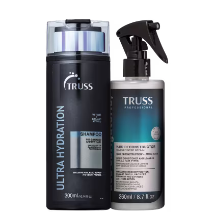 Shampoo para cabelos danificados e secos da marca TRUSS, embalagem preta de 300ml com listras azuis e roxas. Frasco spray preto de 260ml contendo um condicionador e leave-in capilar reconstrutor da linha Professional da TRUSS.