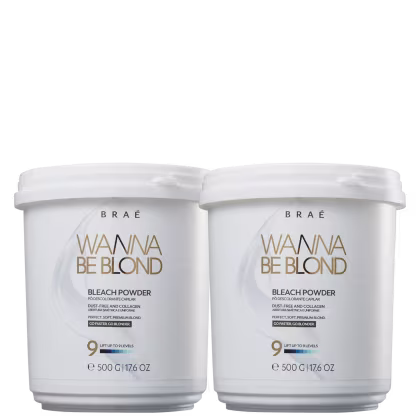 São dois potes de plástico brancos contendo pó descolorante para cabelos da marca Brae. Os potes têm formato cilíndrico e tampa removível.